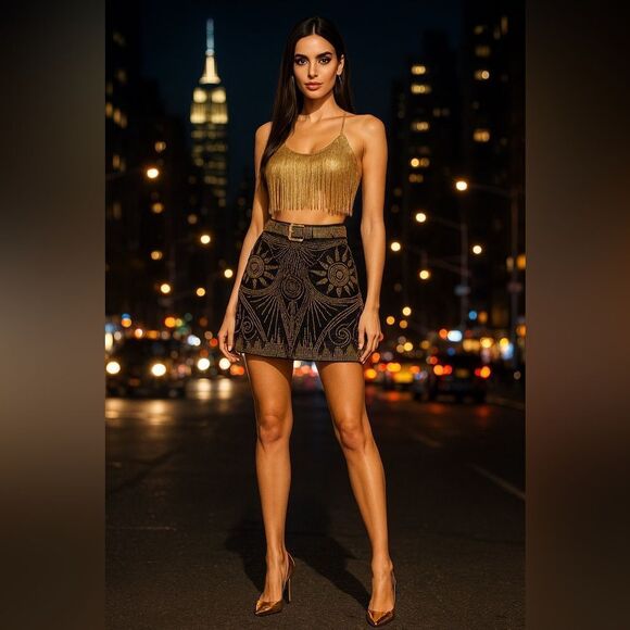 Day G Gold Studded Mini Skirt with Belt | Art Deco Festival Glam size Large - Picture 3 of 10